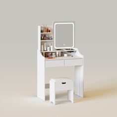 a white vanity table with a mirror and stool in front of it on a gray background