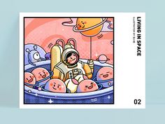 a card with an astronaut floating in space surrounded by other cartoon characters