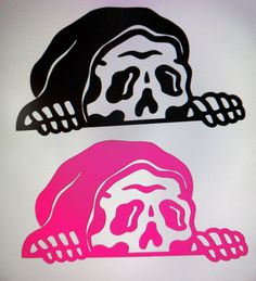 two stickers depicting a skull and a woman's head in pink and white