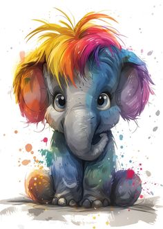 an elephant with multicolored hair sitting on top of it's stomach and looking at the camera