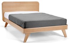 a bed with a wooden headboard and foot board on top of it, in front of a white background