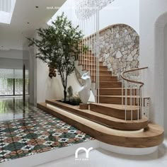 a staircase in a modern home with stone and wood railings, potted plant on the far side