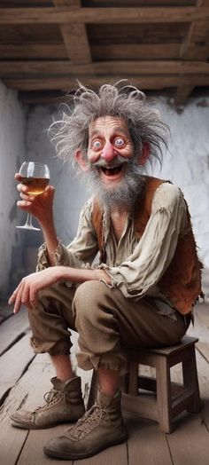 an old man sitting on a stool holding a glass of wine