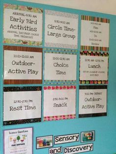 a bulletin board with several different times and activities for children to play in the classroom