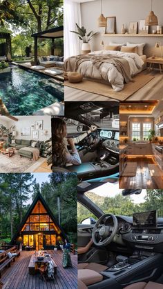 a collage of photos showing the inside of a house and outside of a pool