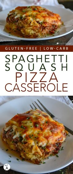 the cover of spaghetti squash pizza casserole on a white plate with a fork