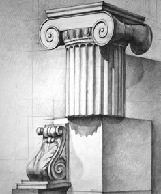 a pencil drawing of a column with a corinch on it's top