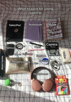 the contents of a travel bag laid out on a bed with text describing what to pack for a long road trip