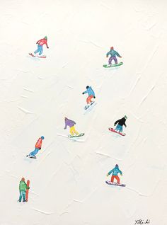 a painting of people skiing down a snow covered slope