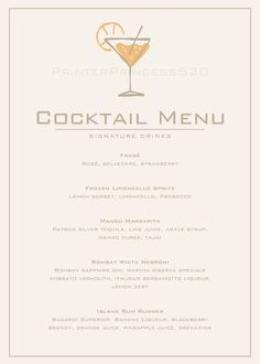 the cocktail menu is displayed on a white background