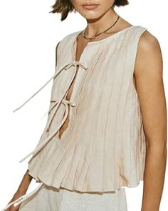 Linen Bow Tie Front Tank Top Women Coquette Pleated Peplum Blouse Y2K Babydoll Ruffle Shirt Sleeveless Tunic Outfits Country Concert Fits, Vest Y2k, Dirndl Outfit, Summer Elegance, Fashion Vest, Linen Shirts Women, Bandeau Tops, Rock Outfit, Y2k Top