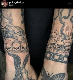 two hands with tattoos on them, one has a skull and the other is a butterfly