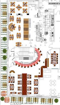 an architectural drawing of a restaurant with tables and benches, seating areas, and trees