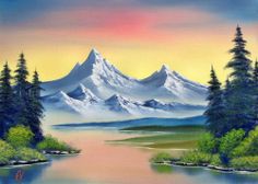 a painting of a mountain lake with trees in the foreground