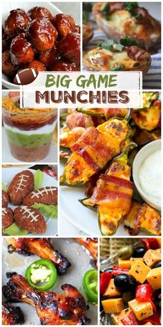 the big game munchies recipe collage is shown