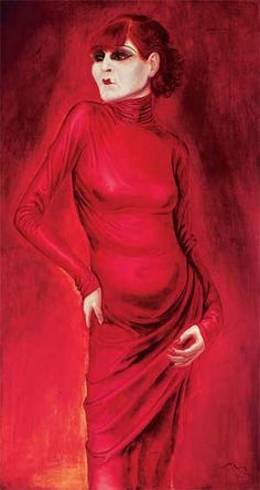 a painting of a woman in a red dress with her hands on her hips,