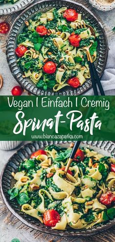 vegan spinach creaming pasta with tomatoes and spinach