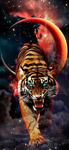 a tiger is walking through the sky with its mouth open and it's eyes wide open