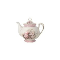 a white tea pot with pink flowers on the side and a pink trim around the top