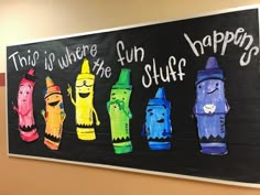 this is where fun happens are on the chalkboard in the hallway for kids to use