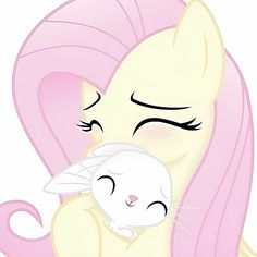 a pink pony holding a white cat with its eyes closed