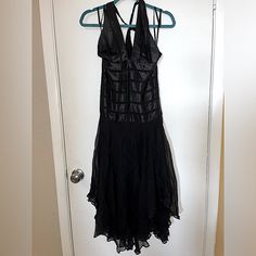 Bought Brand New In The Early 2000s For Over $100 & Worn Only A Couple Times When I Was Thinner, Dry-Cleaned. Hopefully You Can Fit Into It Better Than I Can. -Super Flattering Handkerchief-Hemline -Fully Lined, Lining Is Silk -Tie Halter Top That Can Be Adjusted However Tight You Tie It. -Tag Reads M But Fits Closer To S/M -100% Silk Chiffon, Very Soft -Zipper And Hook Fasteners On Back -Because It’s Silk, It Does Not Stretch. All Items Are From A Smoke & Pet Free Home. Ask Me Any Questions! Se Sheer Silk Slip Dress For Party, Silk Halter Neck Dress For Party, Sheer Satin Slip Dress For Party, Y2k Style Sleeveless Dress For Date Night, Y2k Sleeveless Date Night Dresses, Silk Halter Dress For Summer Night Out, Silk Halter Dress For Night Out In Summer, Sheer Silk Dress For Party, Silk Backless Halter Dress For Party