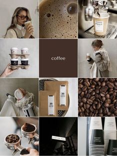 coffee collage with various photos and words on it, including the word coffee written in white