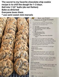 chocolate chip cookies sitting on top of a cooling rack next to a recipe sheet with instructions