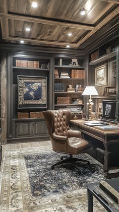 a home office with leather chairs and bookshelves on the wall, along with a rug