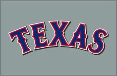 the word texas in red, white and blue on a gray background with an arrow