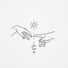 two hands touching each other with the sun and moon in the sky above them on a white background