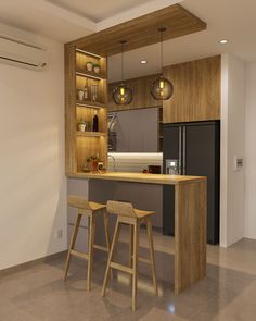 two stools are in front of the kitchen island