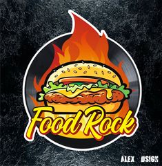 a sticker that says, food rock on it with flames coming out of it