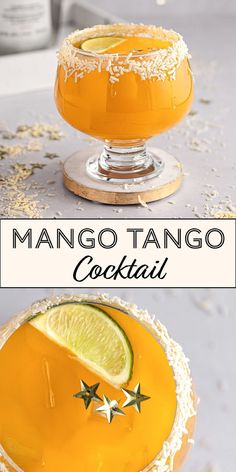 mango tango cocktail with lime and coconut garnish