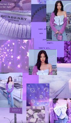 the collage shows many different pictures and words in purple tones, including an image of a woman with long dark hair