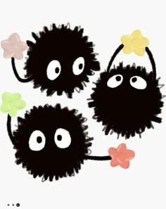 three black fluffy balls with bows on their heads, one has eyes and the other has two