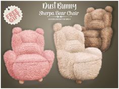 three different colored teddy bears sitting on top of each other with the caption just bunny sheeppaw chair