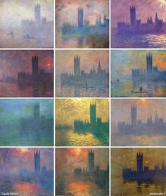 six different pictures of big ben and the houses of parliament in london at sunset or sunrise