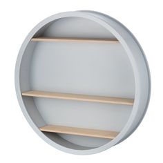 a round shelf with two wooden shelves in the middle and one empty shelf at the bottom