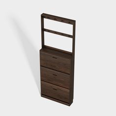 a wooden dresser with two drawers and a mirror on the top shelf, against a white background