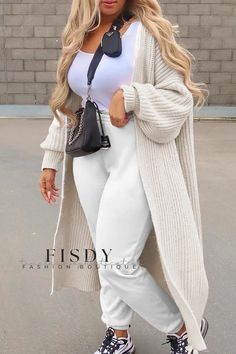 Fisdy - Premium Solid Patchwork Cardigan with Collar - Elegante prenda exterior de moda casual Long Sweater Coat, Fall Cardigan, Patchwork Cardigan, Casual Outerwear, Casual Cardigans, Long Sweaters Cardigan, Cardigan Tops, White Casual, Lantern Sleeves