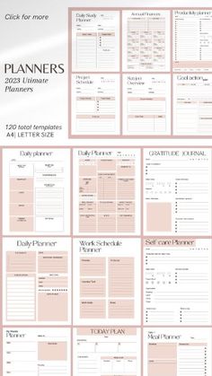 the ultimate planner printable is shown in pink and white, with text on it