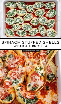 spinach stuffed shells in a casserole dish with ricotta cheese and spinach