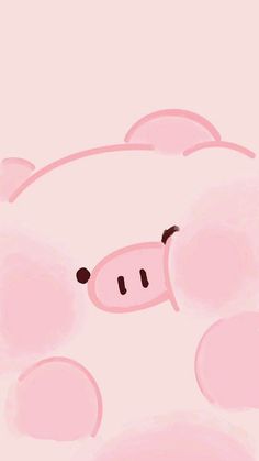 a pink pig with black spots on its face and nose is looking up at the sky