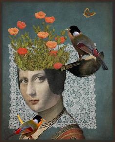 a painting of a woman with birds and flowers on her head, surrounded by other birds