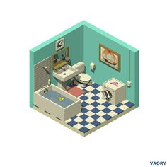 a bathroom with blue walls and checkered tile flooring is depicted in this low poly model