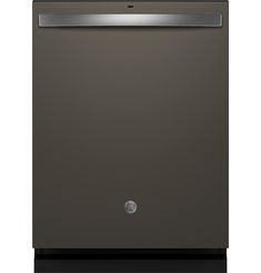 a black dishwasher with the door open and silver trimmings on it