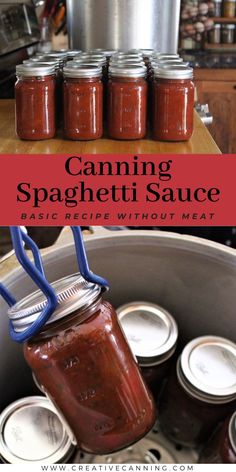 canning spaghetti sauce in a pot with blue handled tongs on the side and red text overlay reading canning spaghetti sauce