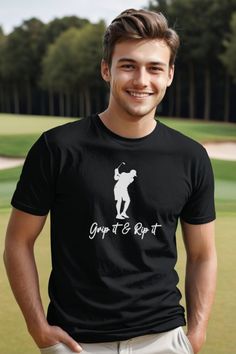 a man standing in front of a golf course wearing a black shirt that says your it's rott