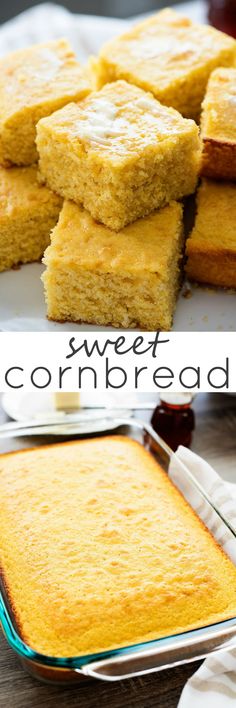 sweet cornbread squares are stacked on top of each other and ready to be eaten